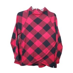 Talbots Red Plaid Funnel Neck Tulip Hem Knit Top with Pockets Size Large